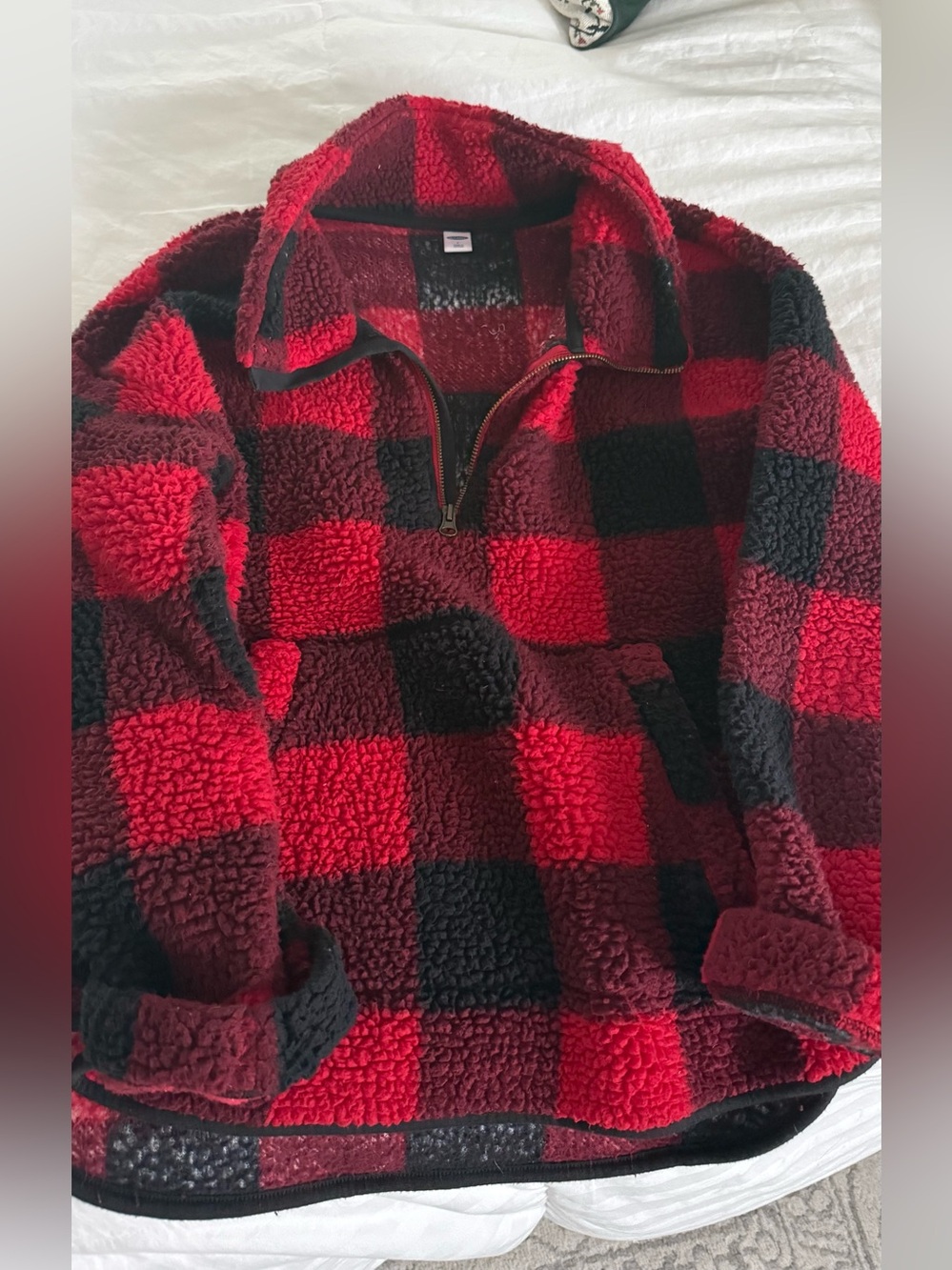Old Navy Red and Black Buffalo Plaid Sherpa Quarter-Zip Pullover